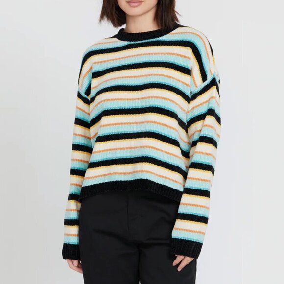 Volcom Bubble Tease Chenille Striped Multicolor Crew Neck Long Sleeve Sweater - Picture 1 of 7